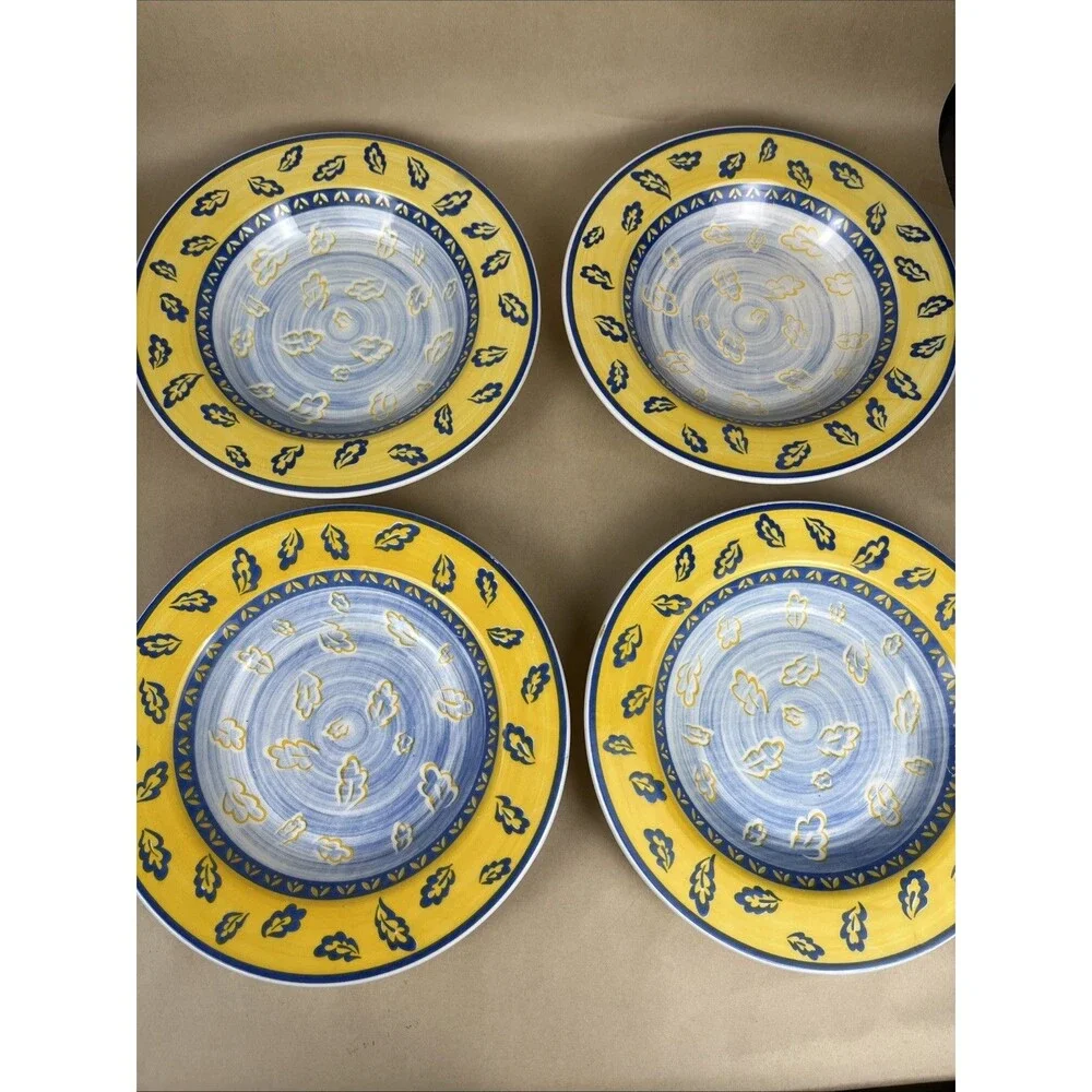 Set Of 4 Quadrifoglio‎ Blue & Yellow Leaf Pattern Bowls 8 3/4” Made in Italy